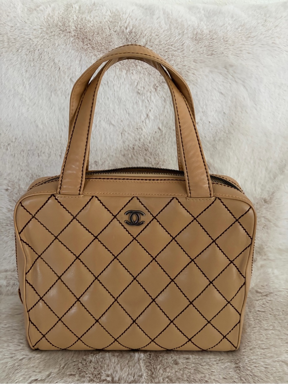 Authentic CHANEL tan Wild Stitch Quilted Leather Tote Hand Bag Purse